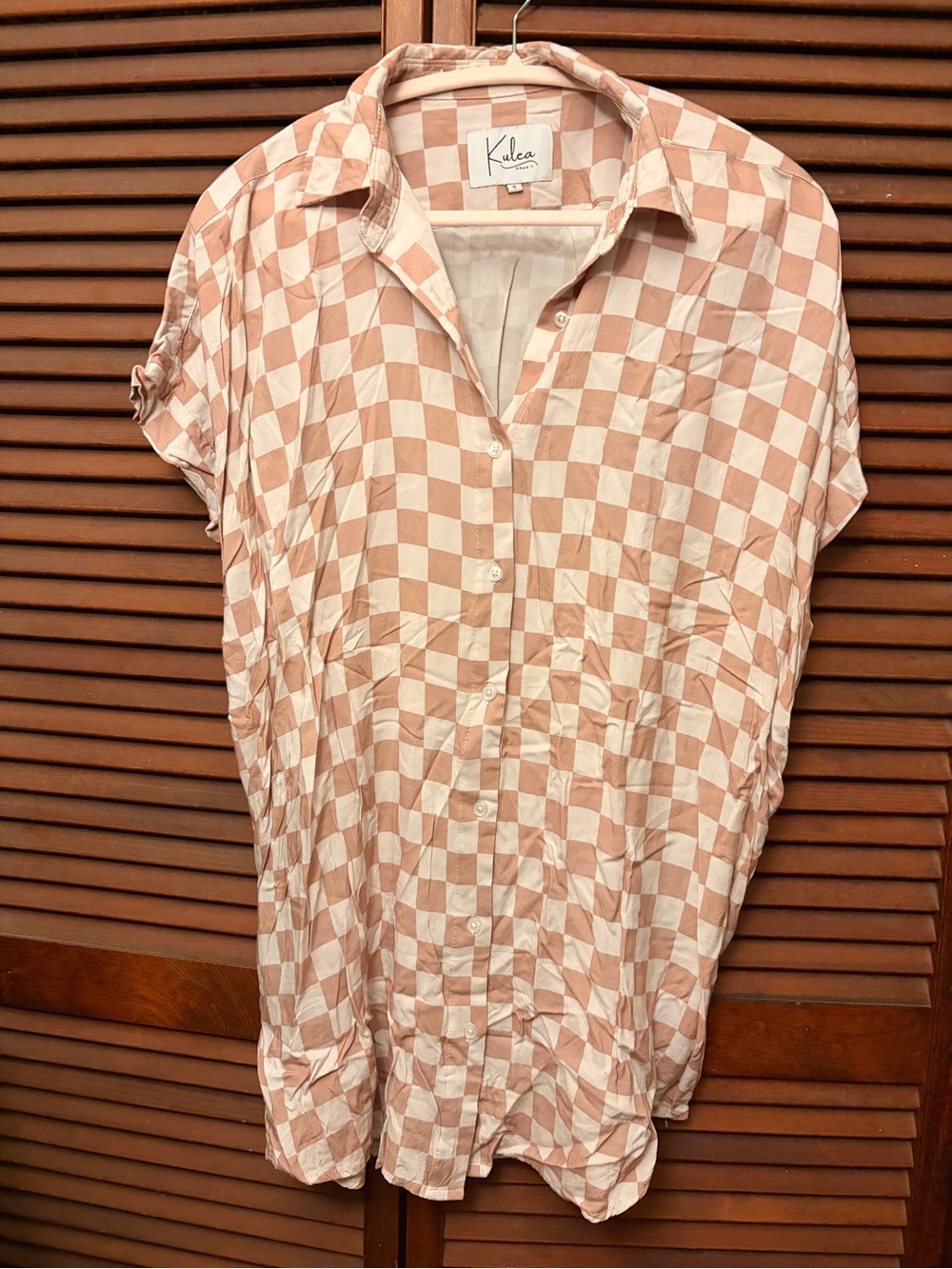KULEA Beige and White Checkerboard Midi Shirt Dress